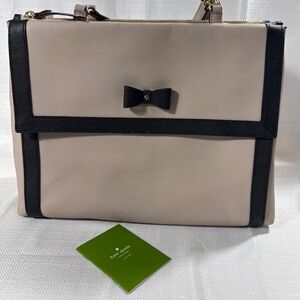 Kate Spade New York Saffiano Leather Bow Satchel Bag Beige Black Two Tone